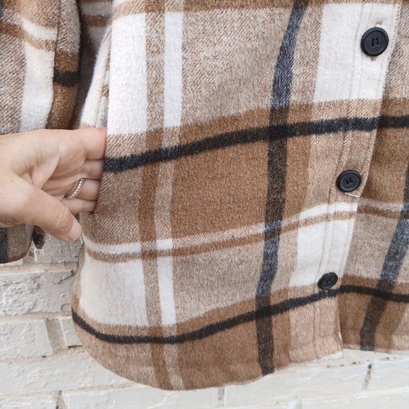 Thread & Supply Plaid Flannel Shacket Small Tan - Picture 4 of 7